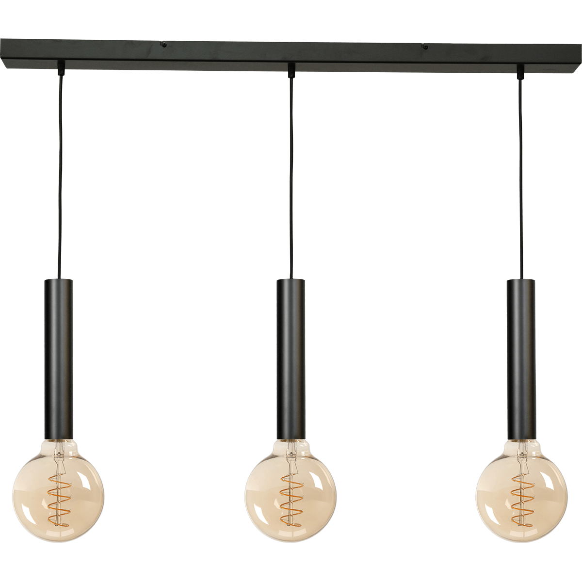 Hanglamp Tomasso 3-lichts mat zwart - plafondplaat zwarte 100x8cm - zwarte stoffen kabel 150cm - MASTERLIGHT