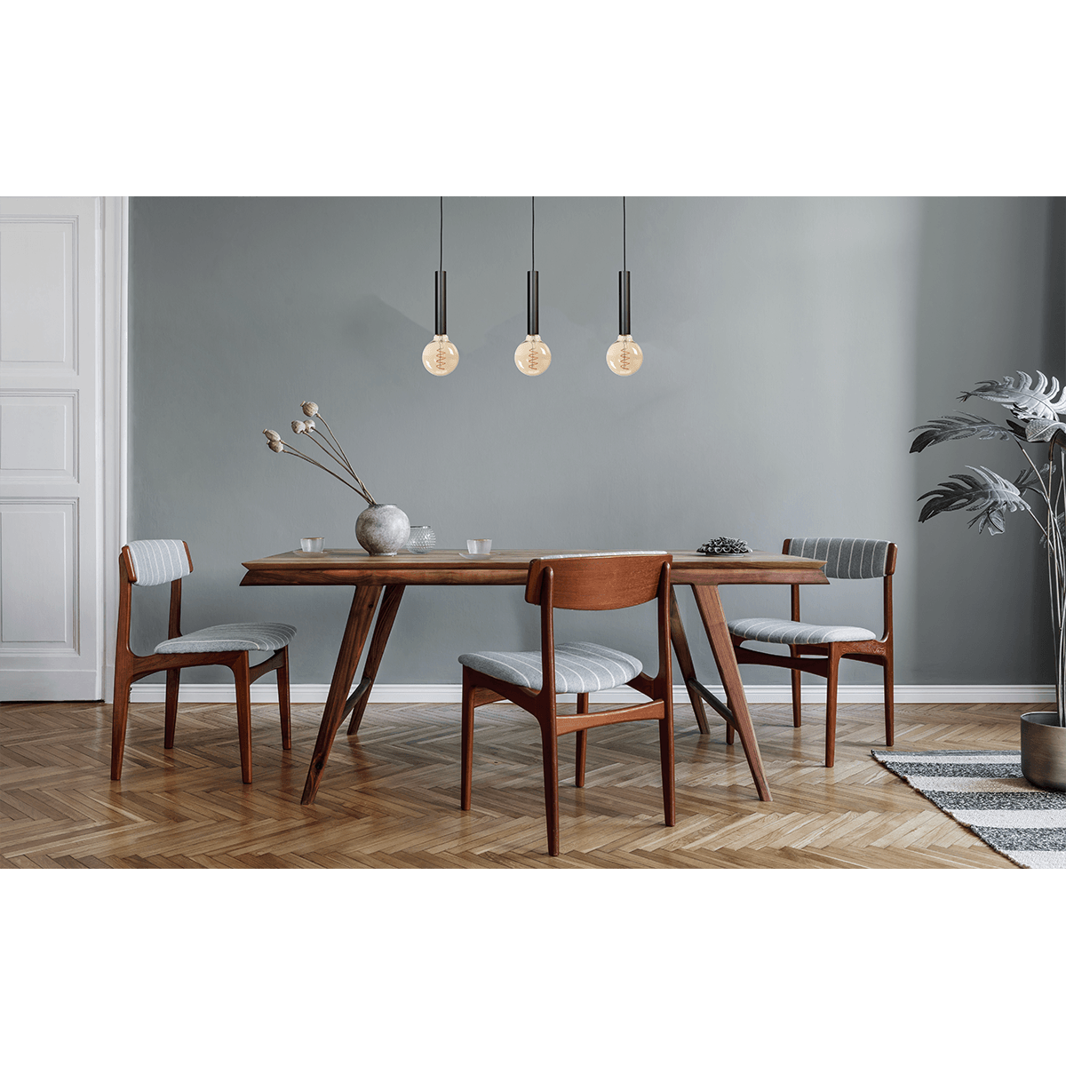 Hanglamp Tomasso 3-lichts mat zwart - plafondplaat zwarte 100x8cm - zwarte stoffen kabel 150cm - MASTERLIGHT