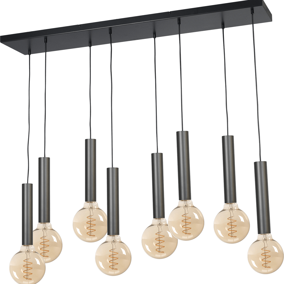 Hanglamp Tomasso 8-lichts mat zwart - plafondplaat zwarte 130x25cm - zwarte stoffen kabel 150cm - MASTERLIGHT