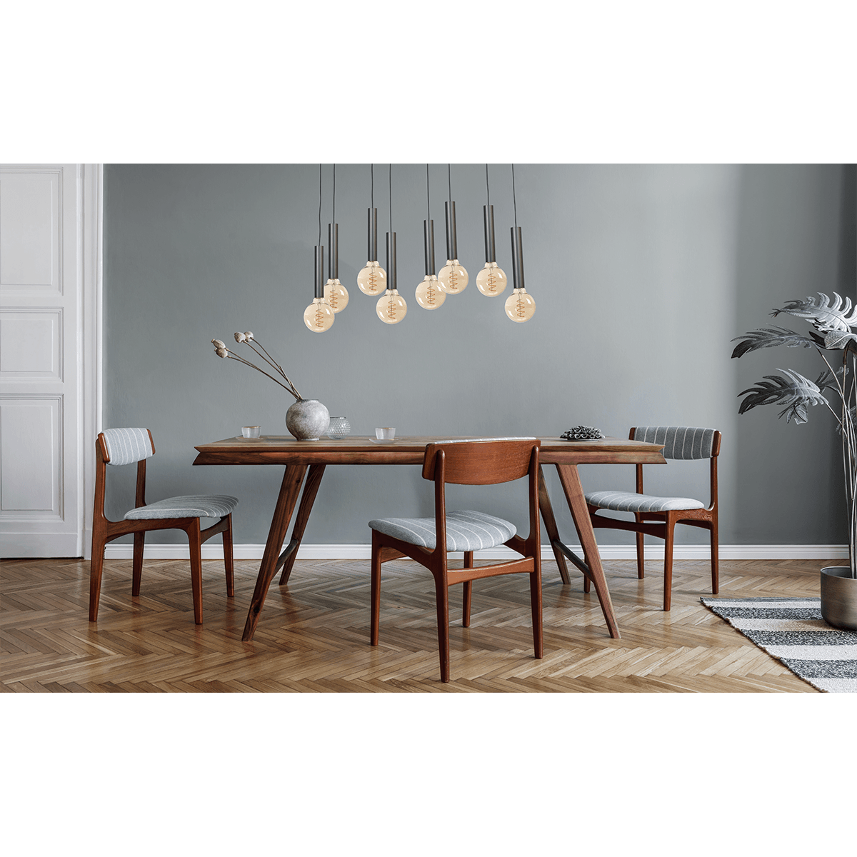 Hanglamp Tomasso 8-lichts mat zwart - plafondplaat zwarte 130x25cm - zwarte stoffen kabel 150cm - MASTERLIGHT