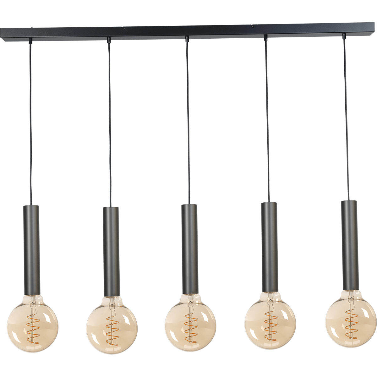 Hanglamp Tomasso 5-lichts mat zwart - plafondplaat zwarte 130x8cm - zwarte stoffen kabel 150cm - MASTERLIGHT