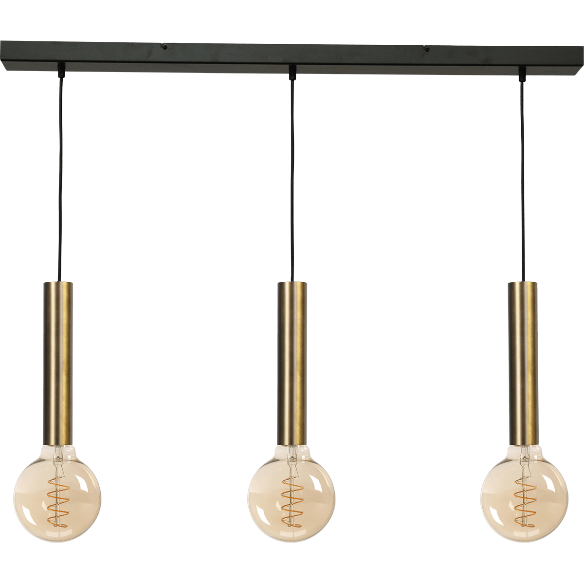 Hanglamp Tomasso 3-lichts antiek messing - plafondplaat zwarte 100x8cm - zwarte stoffen kabel 150cm - MASTERLIGHT