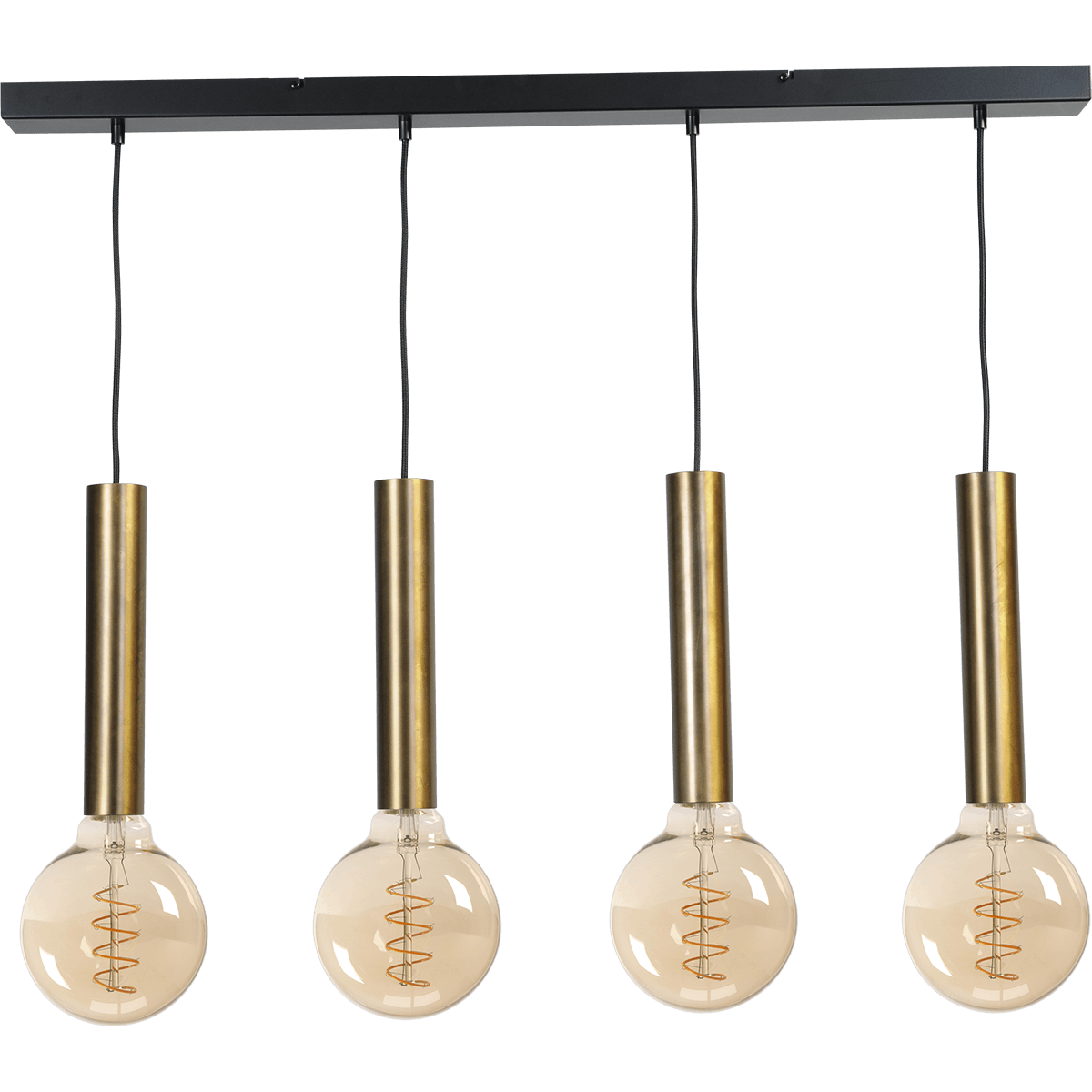 Hanglamp Tomasso 4-lichts antiek messing - plafondplaat zwarte 100x8cm - zwarte stoffen kabel 150cm - MASTERLIGHT