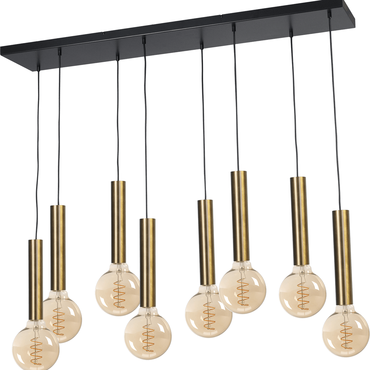 Hanglamp Tomasso 8-lichts antiek messing - plafondplaat zwarte 130x25cm - zwarte stoffen kabel 150cm - MASTERLIGHT