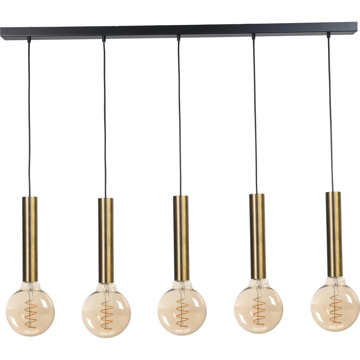 Hanglamp Tomasso 5-lichts antiek messing - plafondplaat zwarte 130x8cm - zwarte stoffen kabel 150cm - MASTERLIGHT