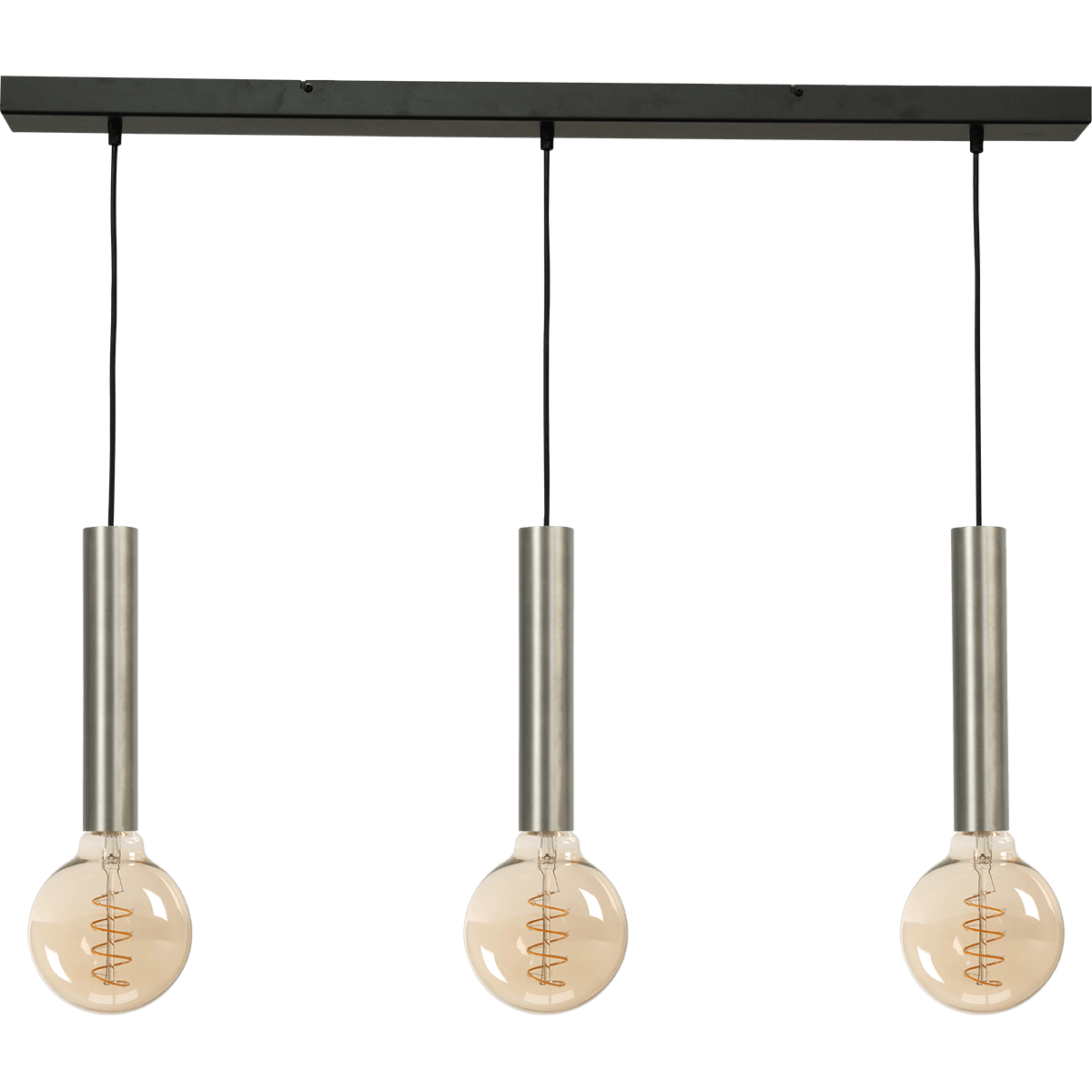Hanglamp Tomasso 3-lichts nikkel mat - plafondplaat zwarte 100x8cm - zwarte stoffen kabel 150cm - MASTERLIGHT