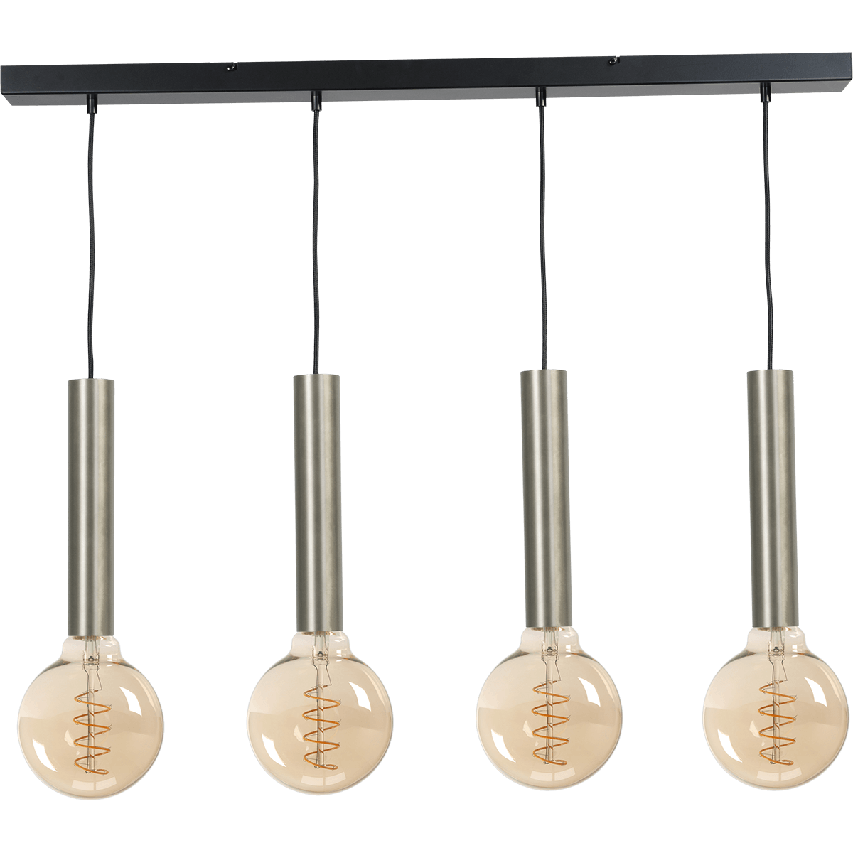 Hanglamp Tomasso 4-lichts nikkel mat - plafondplaat zwarte 100x8cm - zwarte stoffen kabel 150cm - MASTERLIGHT