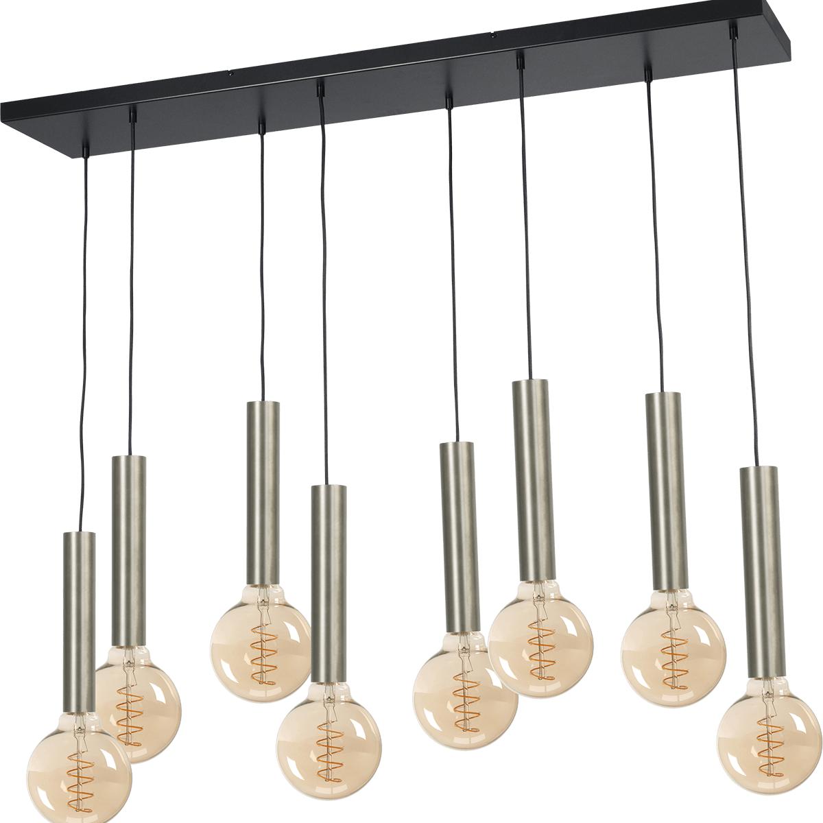 Hanglamp Tomasso 8-lichts nikkel mat - plafondplaat zwarte 130x25cm - zwarte stoffen kabel 150cm - MASTERLIGHT