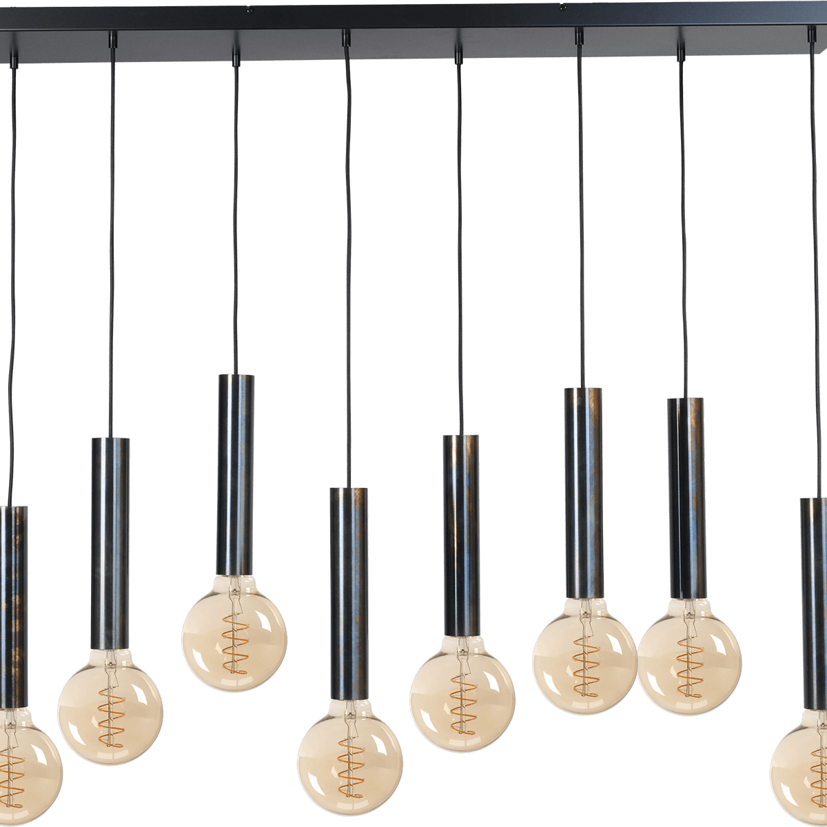 Hanglamp Tomasso 8-lichts dappled oil - plafondplaat zwarte 130x25cm - zwarte stoffen kabel 150cm - MASTERLIGHT