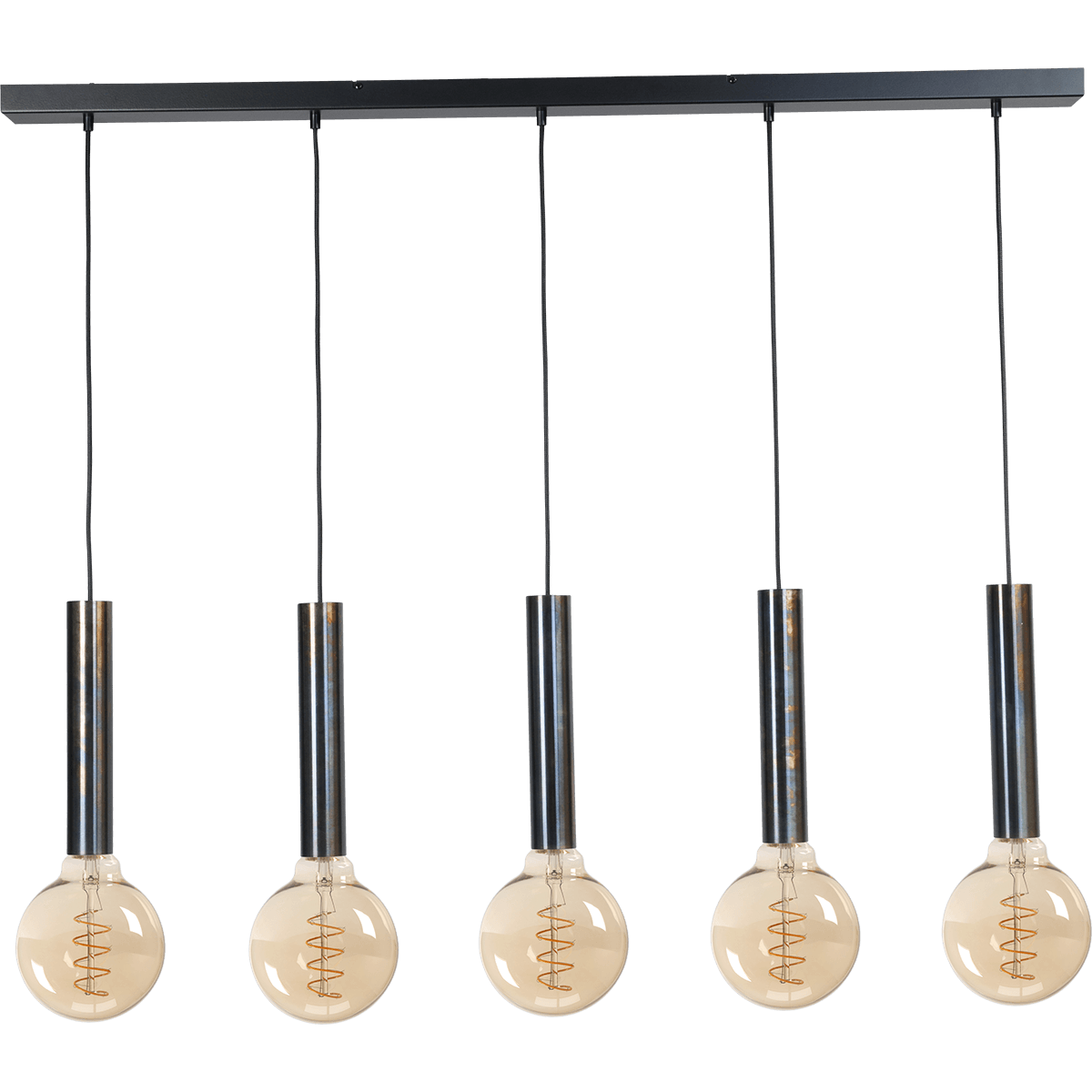 Hanglamp Tomasso 5-lichts dappled oil - plafondplaat zwarte 130x8cm - zwarte stoffen kabel 150cm - MASTERLIGHT