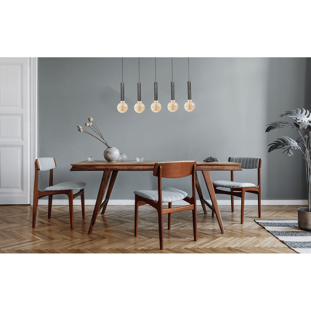 Hanglamp Tomasso 5-lichts dappled oil - plafondplaat zwarte 130x8cm - zwarte stoffen kabel 150cm - MASTERLIGHT