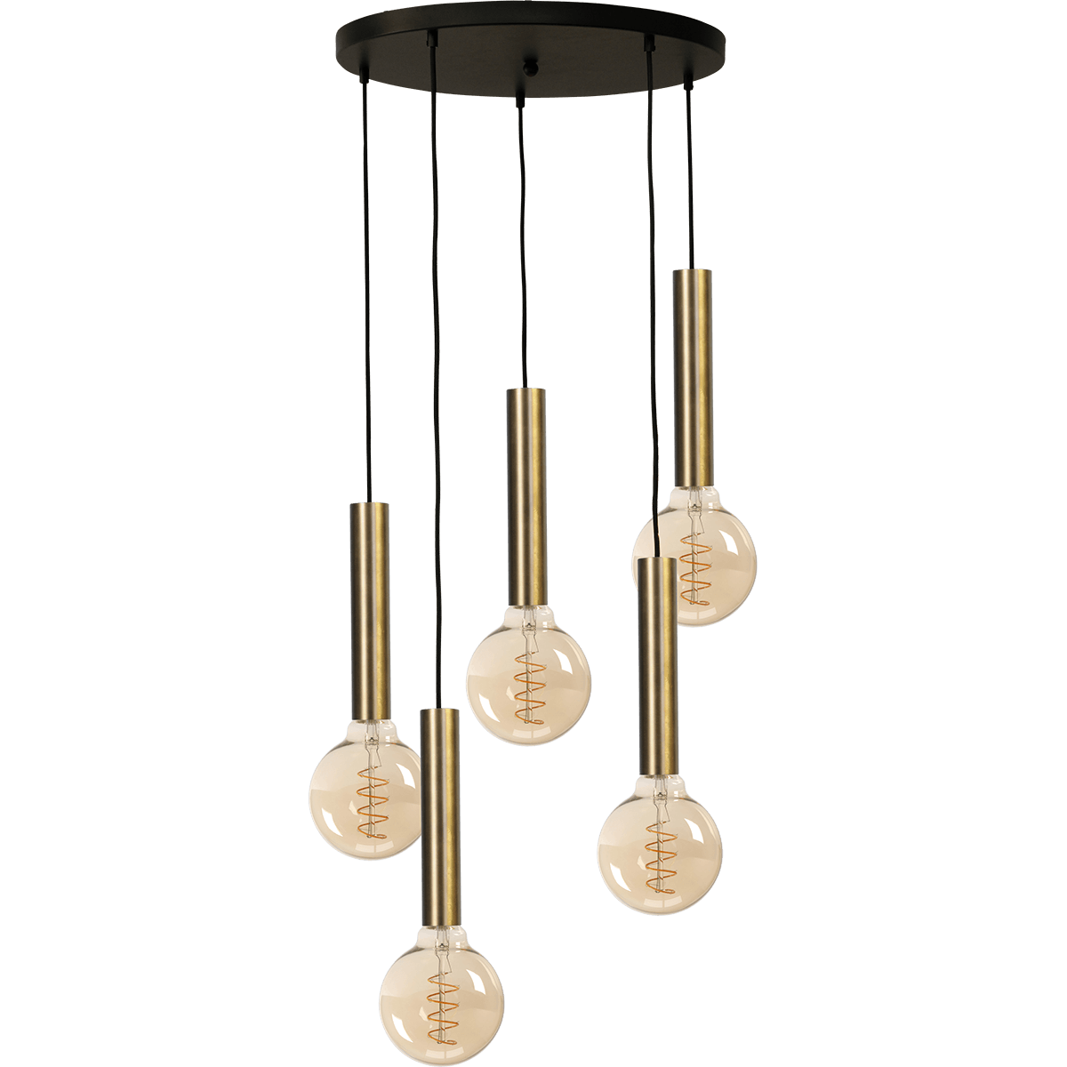 Hanglamp Tomasso 5-lichts antiek messing - basis zwart Ø50cm - zwarte stoffen kabel 350cm - MASTERLIGHT