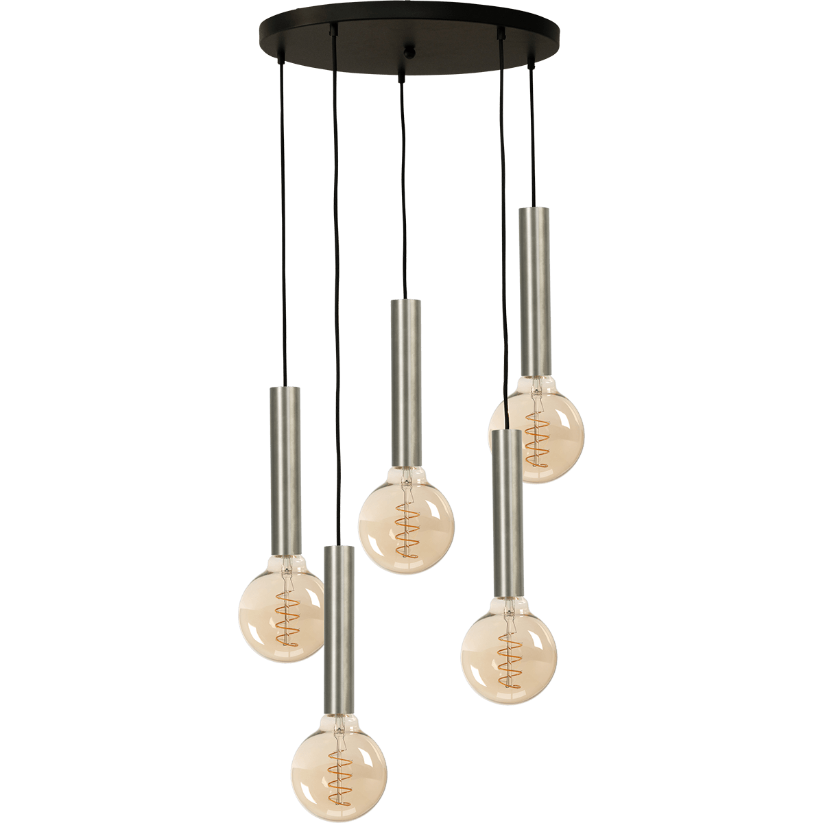 Hanglamp Tomasso 5-lichts mat nikkel - basis zwart Ø50cm - zwarte stoffen kabel 350cm - MASTERLIGHT