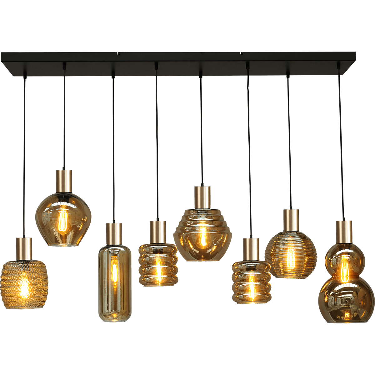 Hanglamp Bounty 8-lichts mat zwart/mat goud 130x25cm - zwart textile kabel 150cm + glas smoke - 1x1 + 1x 3 + 1x 5 + 2x 7 + 1x 8 + 1x 6 + 1x 2 - MASTERLIGHT