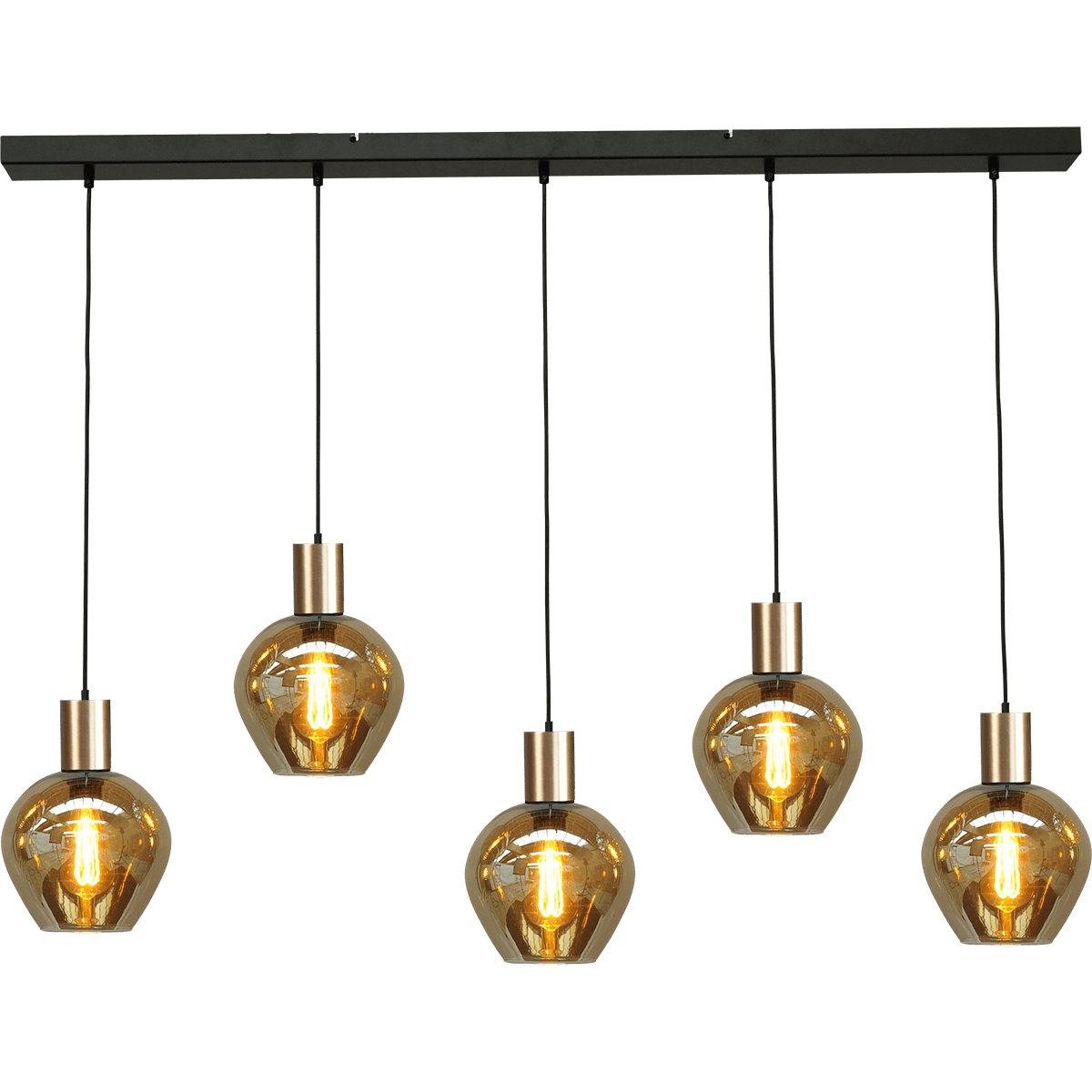 Hanglamp Bounty 5-lichts mat zwart/mat goud 130x8cm - 5x E27 zwart textile kabel - 5x glas smoke 62260-05-3 - MASTERLIGHT
