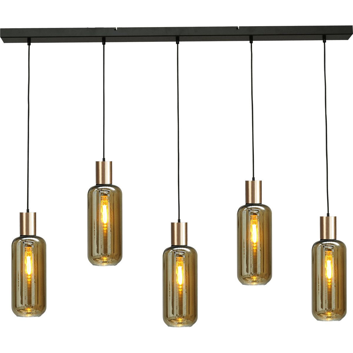 Hanglamp Bounty 5-lichts mat zwart/mat goud 130x8cm - 5x E27 zwart textile kabel - 5x glas smoke 62260-05-5 - MASTERLIGHT