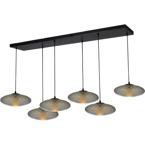 Hanglamp Bottega 6-lichts zwarte plafondplaat 130x25cm - glas smoke Ø30cm - zwarte stoffen kabel 150cm -  MASTERLIGHT
