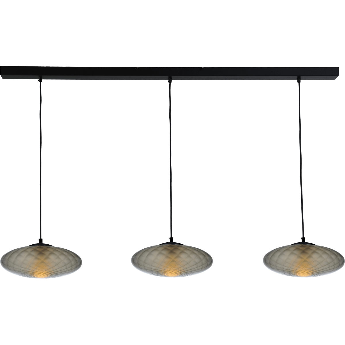 Hanglamp Bottega 3-lichts zwarte plafondplaat 130x8cm - glas smoke Ø30cm - zwarte stoffen kabel 150cm - MASTERLIGHT