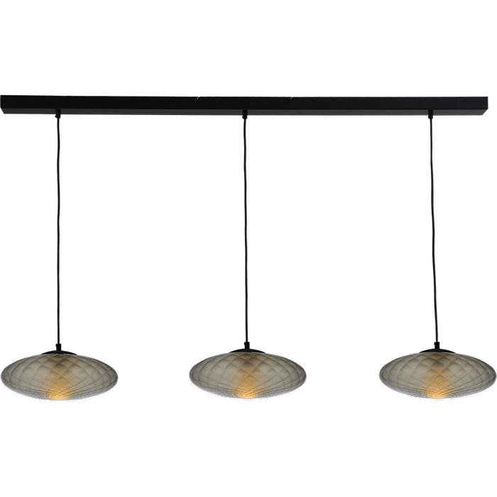 Hanglamp Bottega 3-lichts zwarte plafondplaat 130x8cm - glas smoke Ø30cm - zwarte stoffen kabel 150cm - MASTERLIGHT