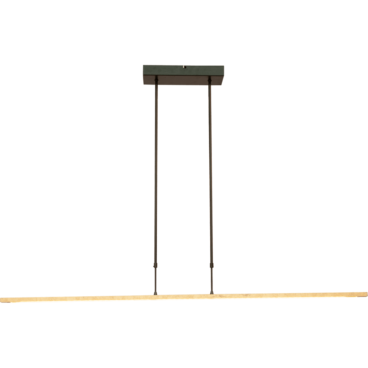 Hanglamp Real 2 - minimalistische smalle hanglamp zwart nickel/bladgoud 130 x 3 cm - dimbaar met ingebouwde dimmer - DTW - 32W - 2700-2200K - 3840 Lumen - push-dimmer. De LED lichtbron is voorzien van de nieuwe dim to warm technologie. Dat wil zeggen dat als u de lamp dimt met de pushdimmer - het licht minder maar ook warmer wordt. Voluit is de lichtkleur 2700 Kelvin (warm wit) en gedimd 2200 Kelvin (Flame). MASTERLIGHT