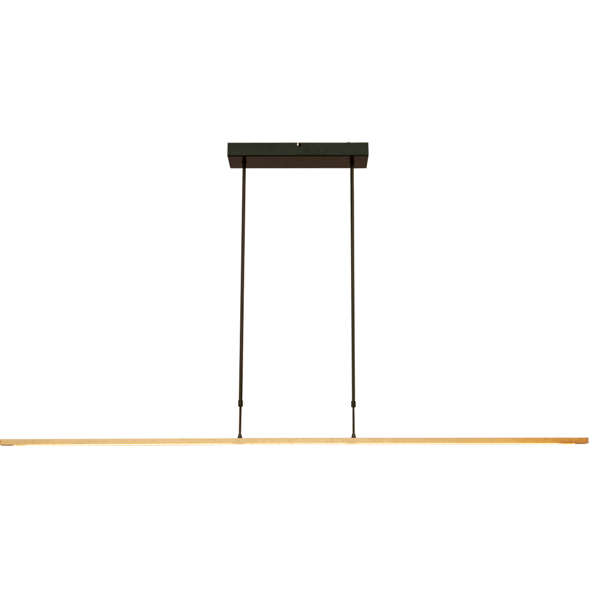 Hanglamp Real 2 - minimalistische smalle hanglamp zwart nickel/bladgoud 160 x 3 cm - dimbaar met ingebouwde dimmer - DTW - 45W - 2200-2700K - 5400 Lumen - push-dimmer. De LED lichtbron is voorzien van de nieuwe dim to warm technologie. Dat wil zeggen dat als u de lamp dimt met de pushdimmer - het licht minder maar ook warmer wordt. Voluit is de lichtkleur 2700 Kelvin (warm wit) en gedimd 2200 Kelvin (Flame). MASTERLIGHT