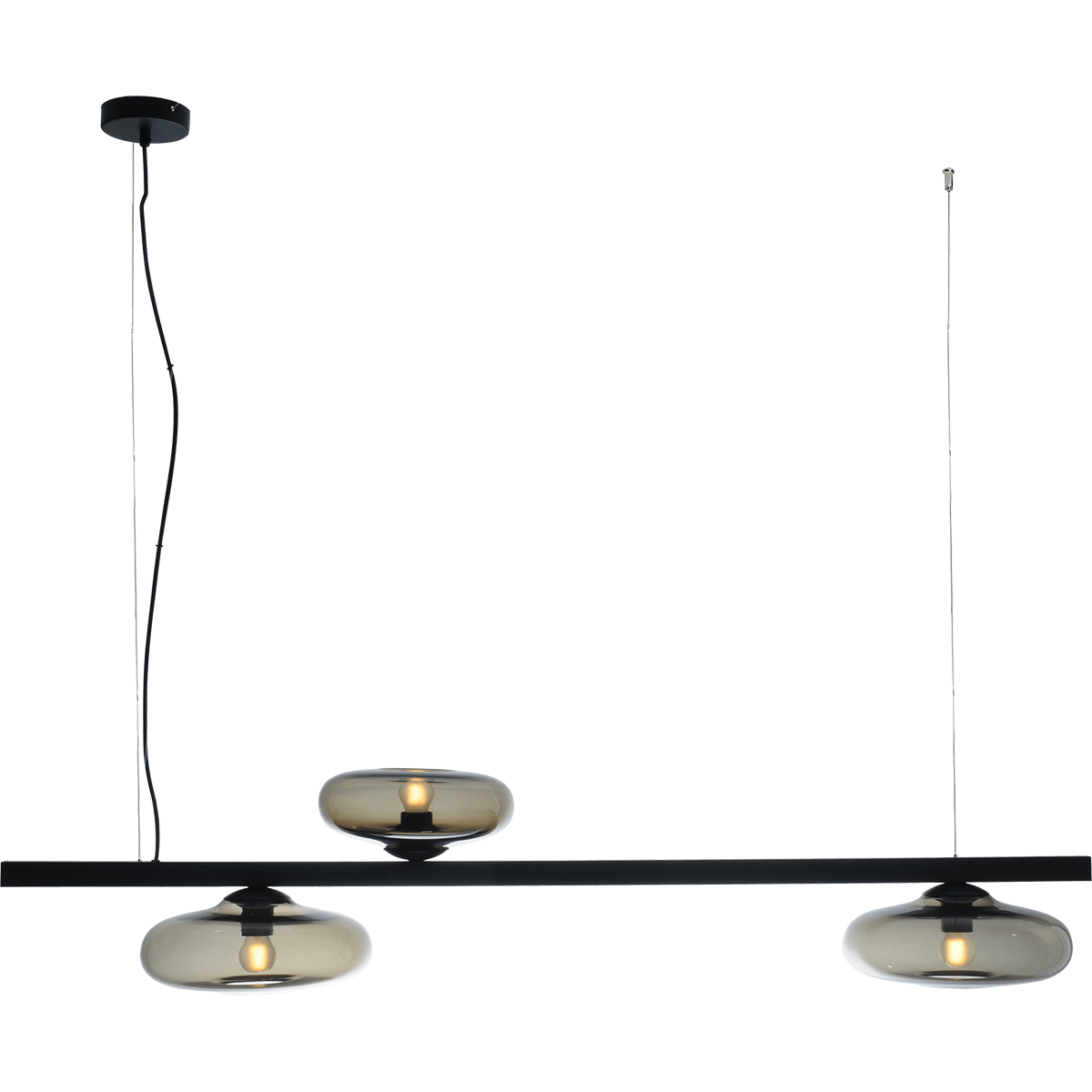 Hanglamp Hoseki 3-lichts zwart 130cm - 2x down 1x up - 2x glas smoke Ø28cm + 1x Ø23cm - stalen draad 150cm - MASTERLIGHT