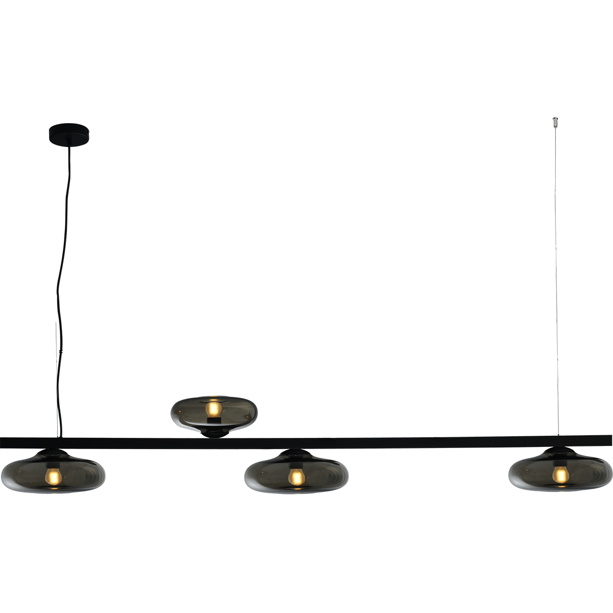Hanglamp Hoseki 4-lichts zwart 160cm - 3x down 1x up - 3x glas smoke Ø28cm + 1x Ø23cm - stalen draad - MASTERLIGHT