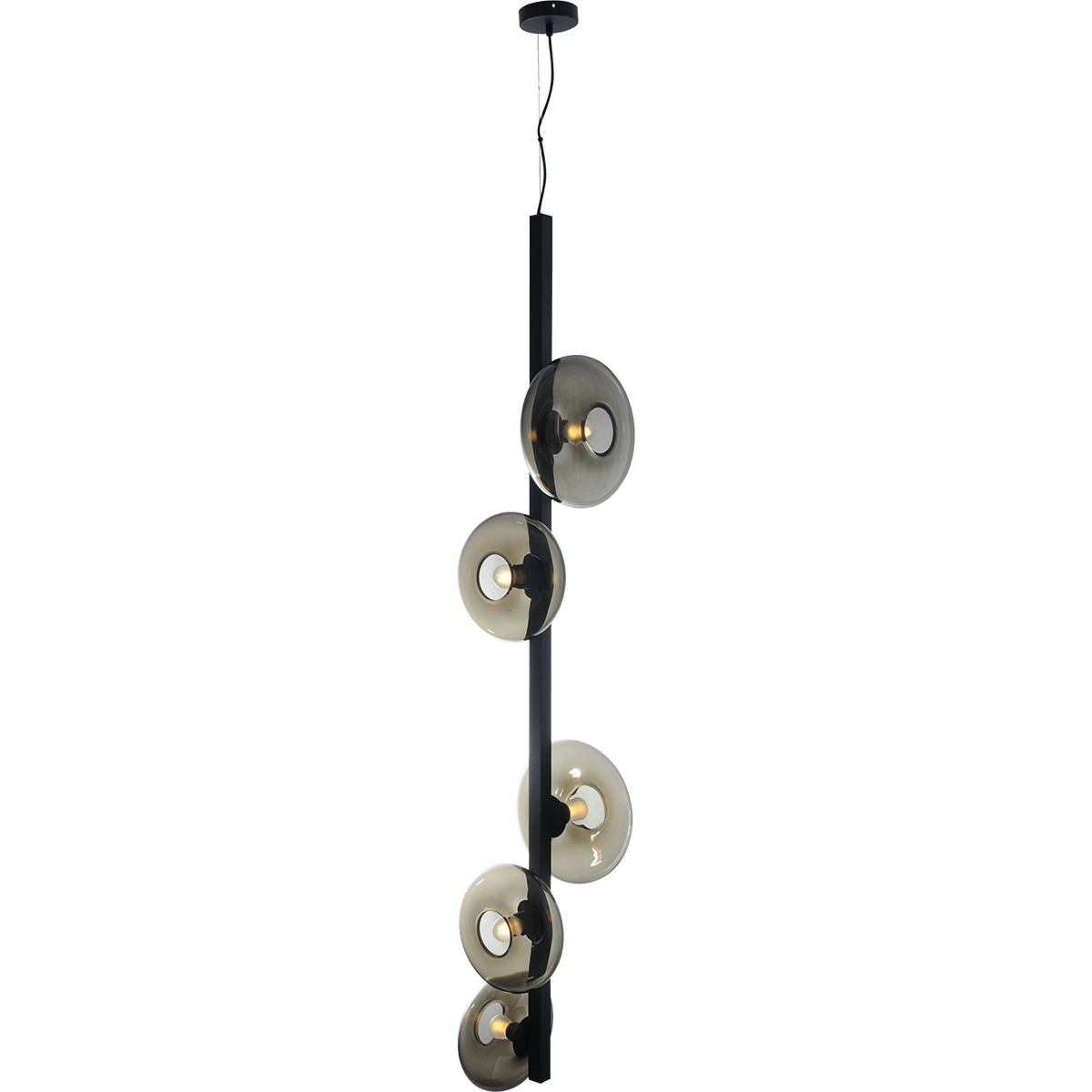 Hanglamp Hoseki 5-lichts zwart 160cm - 3x left 2x right - 3x glas smoke Ø23cm + 2x Ø28cm - stalen draad 150cm - MASTERLIGHT
