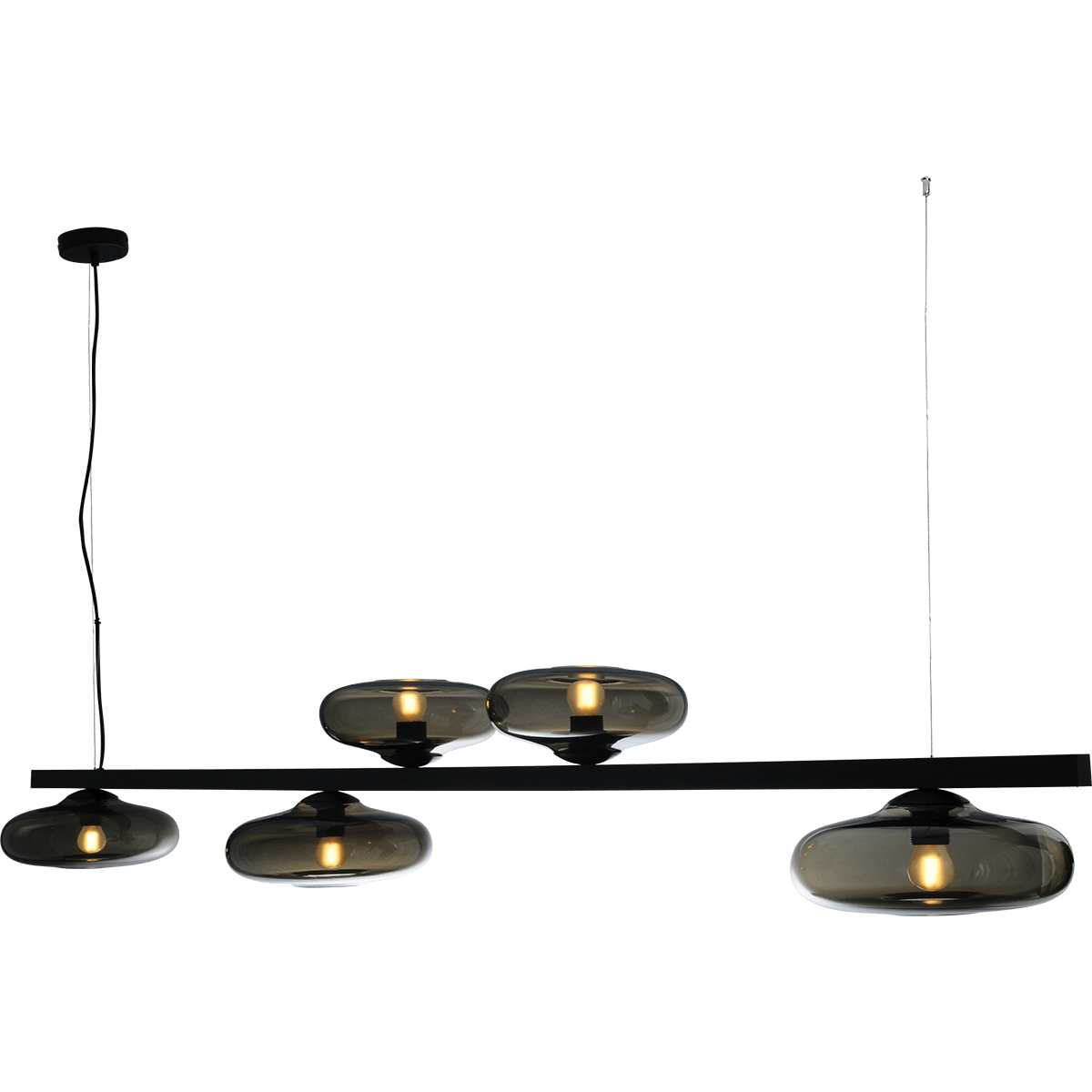 Hanglamp Hoseki 5-lichts zwart 180cm - 3x down 2x up - 3x glas smoke Ø28 + 2x Ø23cm - stalen draad 150cm - MASTERLIGHT