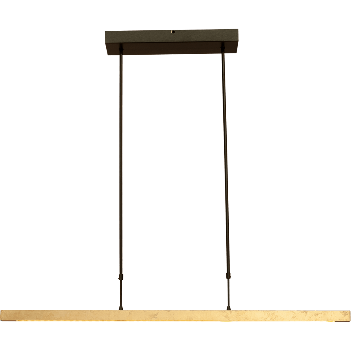 Hanglamp Real 3 - minimalistische smalle hanglamp zwart nikkel/bladgoud 100 x 3 cm - dimbaar met ingebouwde dimmer - DTW - 38W - 2700-2200K - 4560 Lumen - push-dimmer. De LED lichtbron is voorzien van de nieuwe dim to warm technologie. Dat wil zeggen dat als u de lamp dimt met de pushdimmer - het licht minder maar ook warmer wordt. Voluit is de lichtkleur 2700 Kelvin (warm wit) en gedimd 2200 Kelvin (Flame). MASTERLIGHT