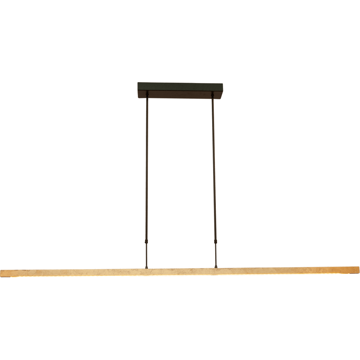 Hanglamp Real 3 - minimalistische smalle hanglamp zwart nikkel/bladgoud 160 x 3 cm - dimbaar met ingebouwde dimmer - DTW - 57W - 2200-2700K - 6840 Lumen - 2x push-dimmer. De LED lichtbron is voorzien van de nieuwe dim to warm technologie. Dat wil zeggen dat als u de lamp dimt met de pushdimmer - het licht minder maar ook warmer wordt. Voluit is de lichtkleur 2700 Kelvin (warm wit) en gedimd 2200 Kelvin (Flame). MASTERLIGHT