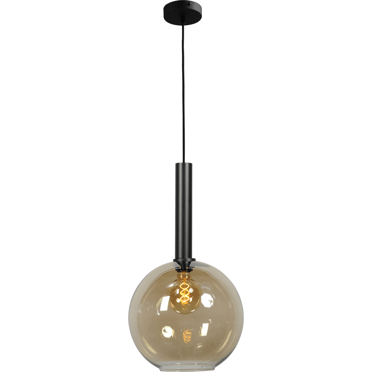 Hanglamp Bella -  1-lichts mat zwart - glas smoke Ø30cm - zwarte pvc kabel 150cm - MASTERLIGHT