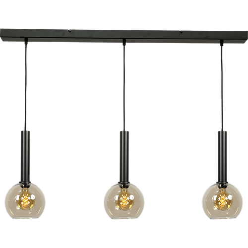 Hanglamp Bella -  3-lichts mat zwart - plafondplaat mat zwart 100x8cm - zwarte pvc kabel 150cm - + 3x glas 62260-05-20-20 - MASTERLIGHT