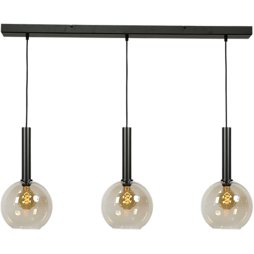 Hanglamp Bella -  3-lichts mat zwart - plafondplaat mat zwart 100x8cm - zwarte pvc kabel 150cm - + 3x glas 62260-05-20-25 - MASTERLIGHT