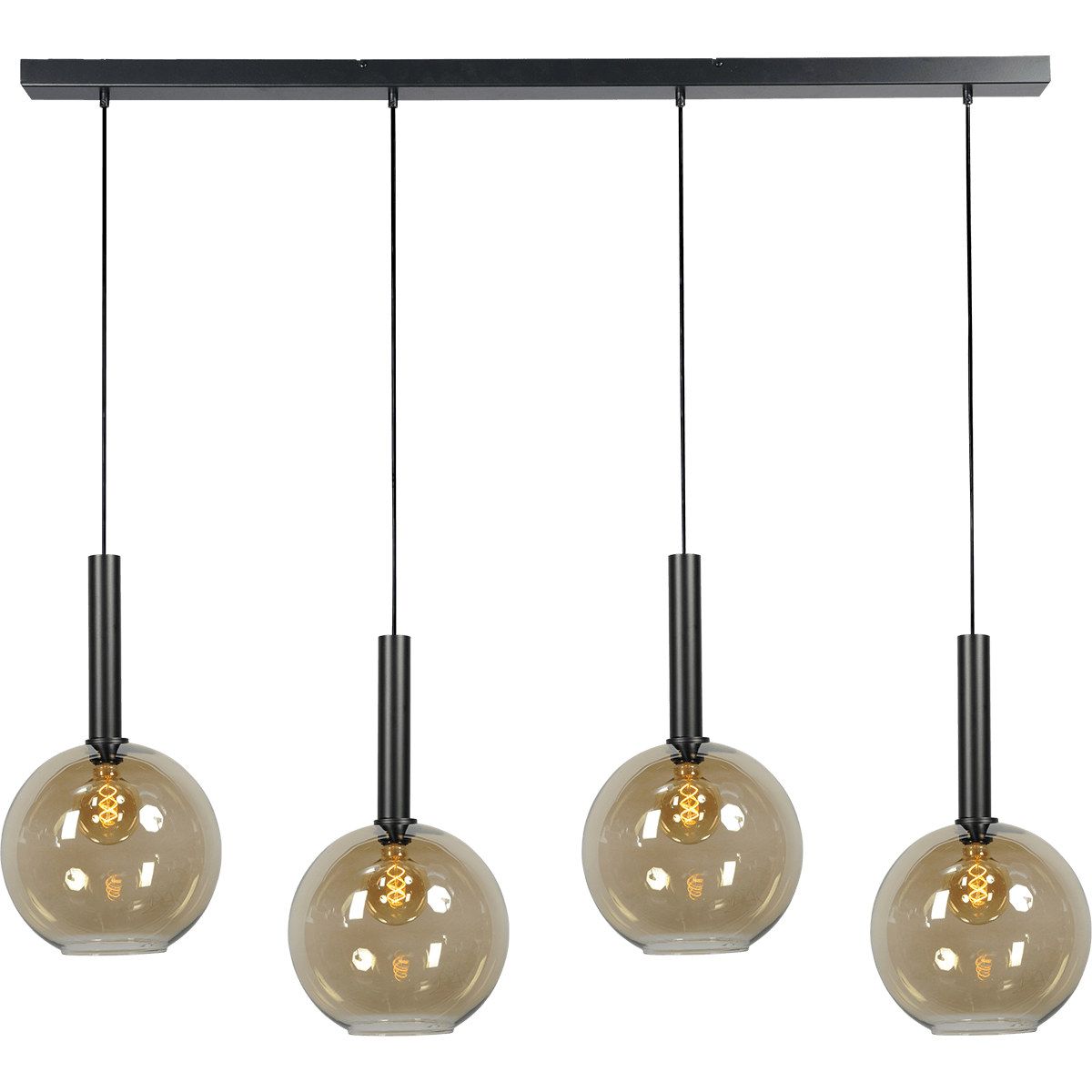 Hanglamp Bella -  4-lichts mat zwart - plafondplaat mat zwart 130x8cm - zwarte pvc kabel 150cm - + 4x glas 62260-05-20-30 - MASTERLIGHT