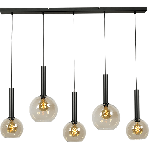 Hanglamp Bella -  5-lichts mat zwart - plafondplaat mat zwart 130x8cm - zwarte pvc kabel 150cm - + glas 3x 62260-05-20-20 + 2x 62260-05-20-25 - MASTERLIGHT
