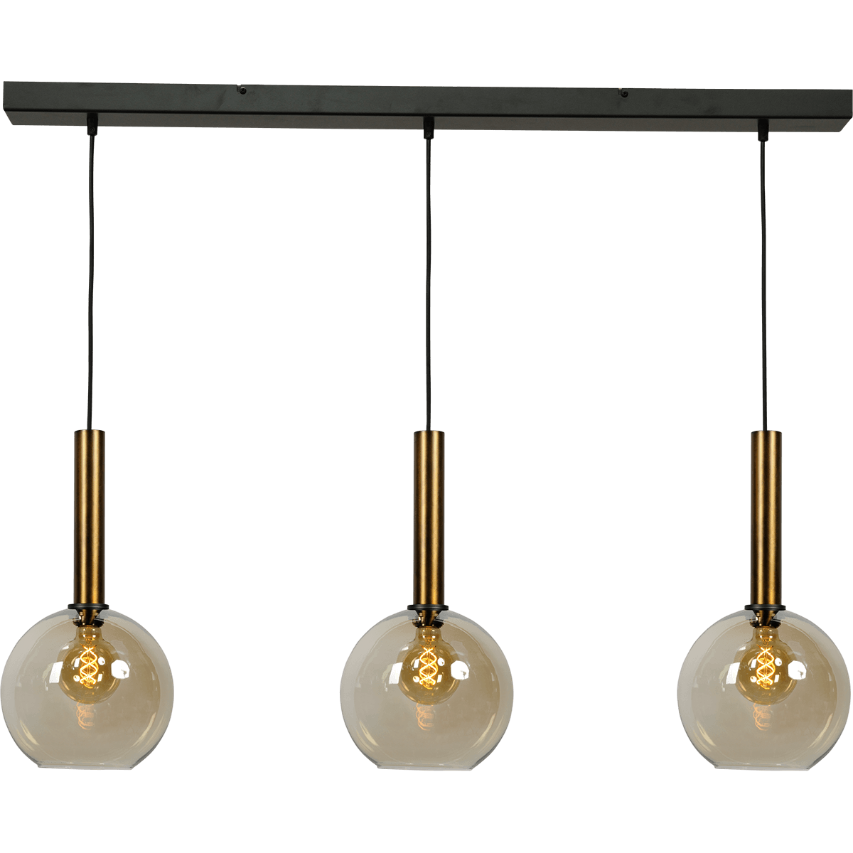 Hanglamp Bella -  3-lichts mat zwart/antiek brons - plafondplaat mat zwart 100x8cm - zwarte pvc kabel 150cm - + 3x glas Ø25cm 62260-05-20-25 - MASTERLIGHT