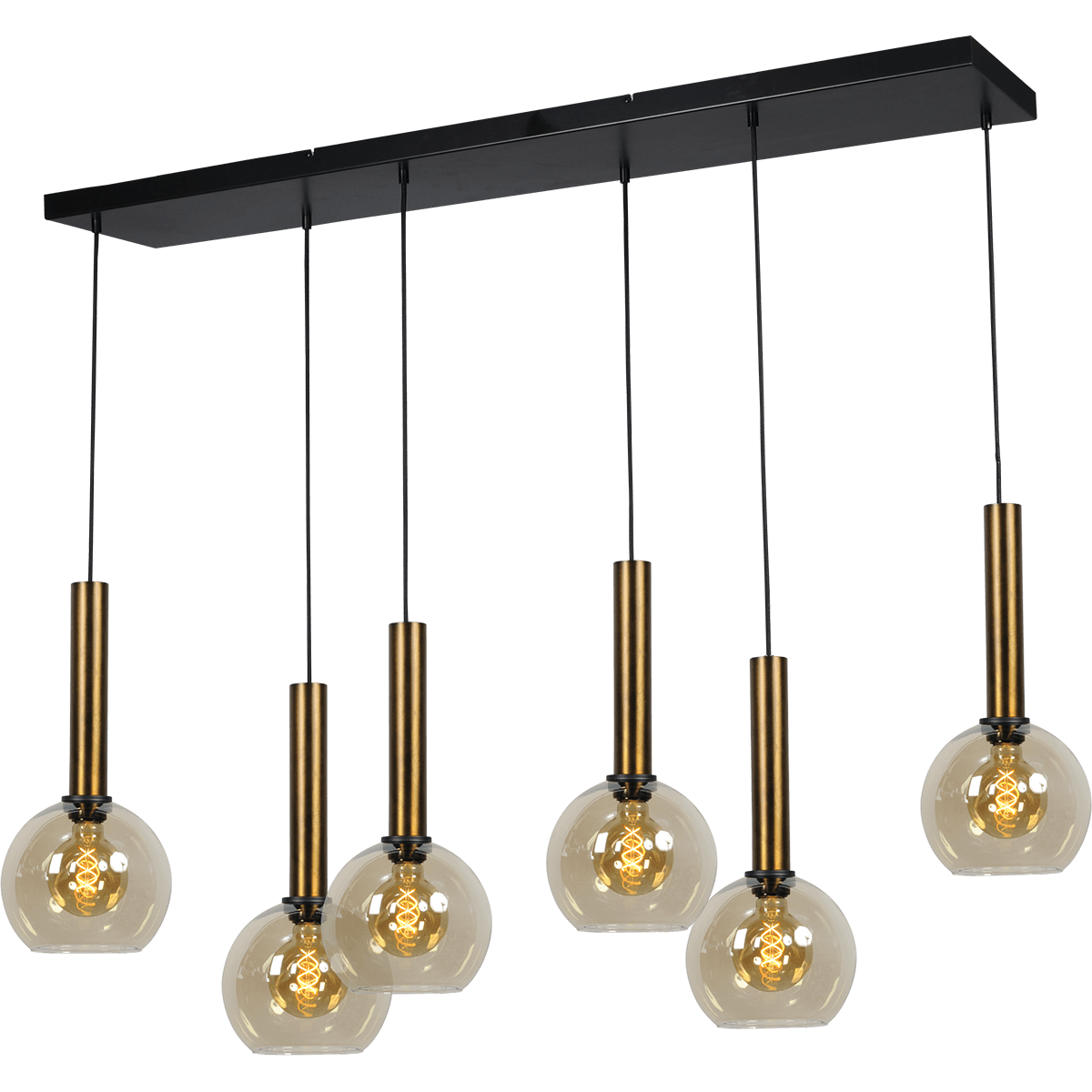Hanglamp Bella -  6-lichts mat zwart/antiek brons - plafondplaat mat zwart 130x25cm - zwarte pvc kabel 150cm - + glas 6x 62260-05-20-20 - MASTERLIGHT