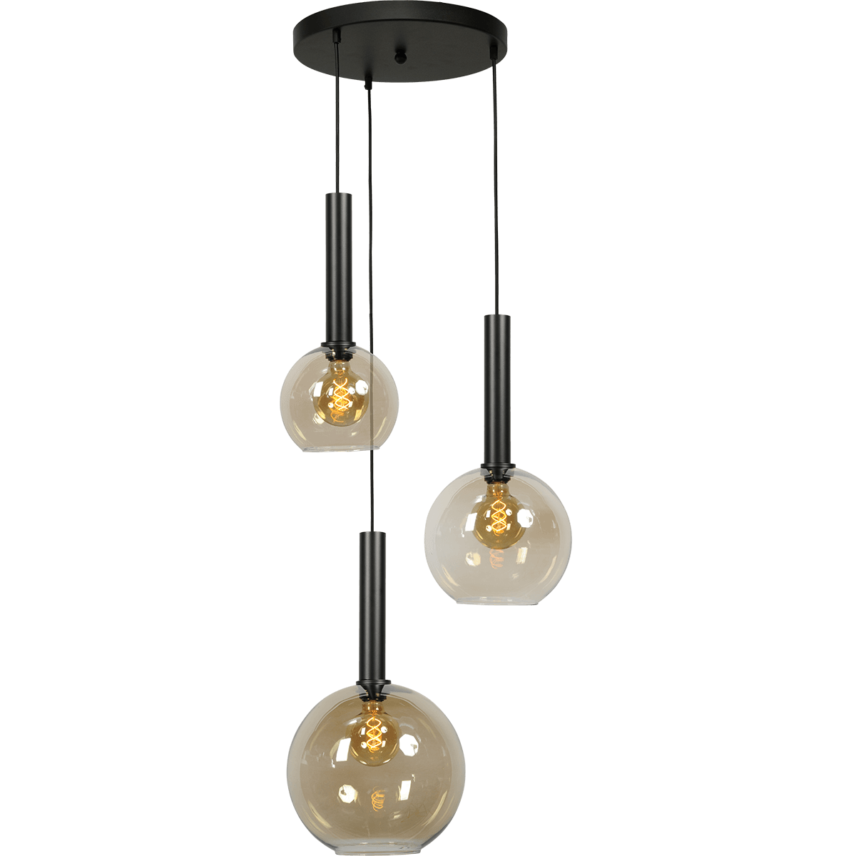Hanglamp Bella -  3-lichts mat zwart Ø35cm - zwarte pvc kabel 150cm + glas 1x 62260-05-20-20 - + 1x 62260-05-20-25 + 1x 62260-05-20-30 - MASTERLIGHT