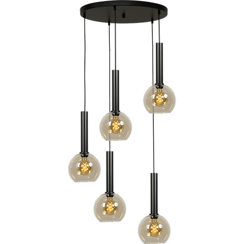 Hanglamp Bella -  5-lichts mat zwart Ø50cm - zwarte pvc kabel 350cm + glas 5x 62260-05-20-20 -  - MASTERLIGHT