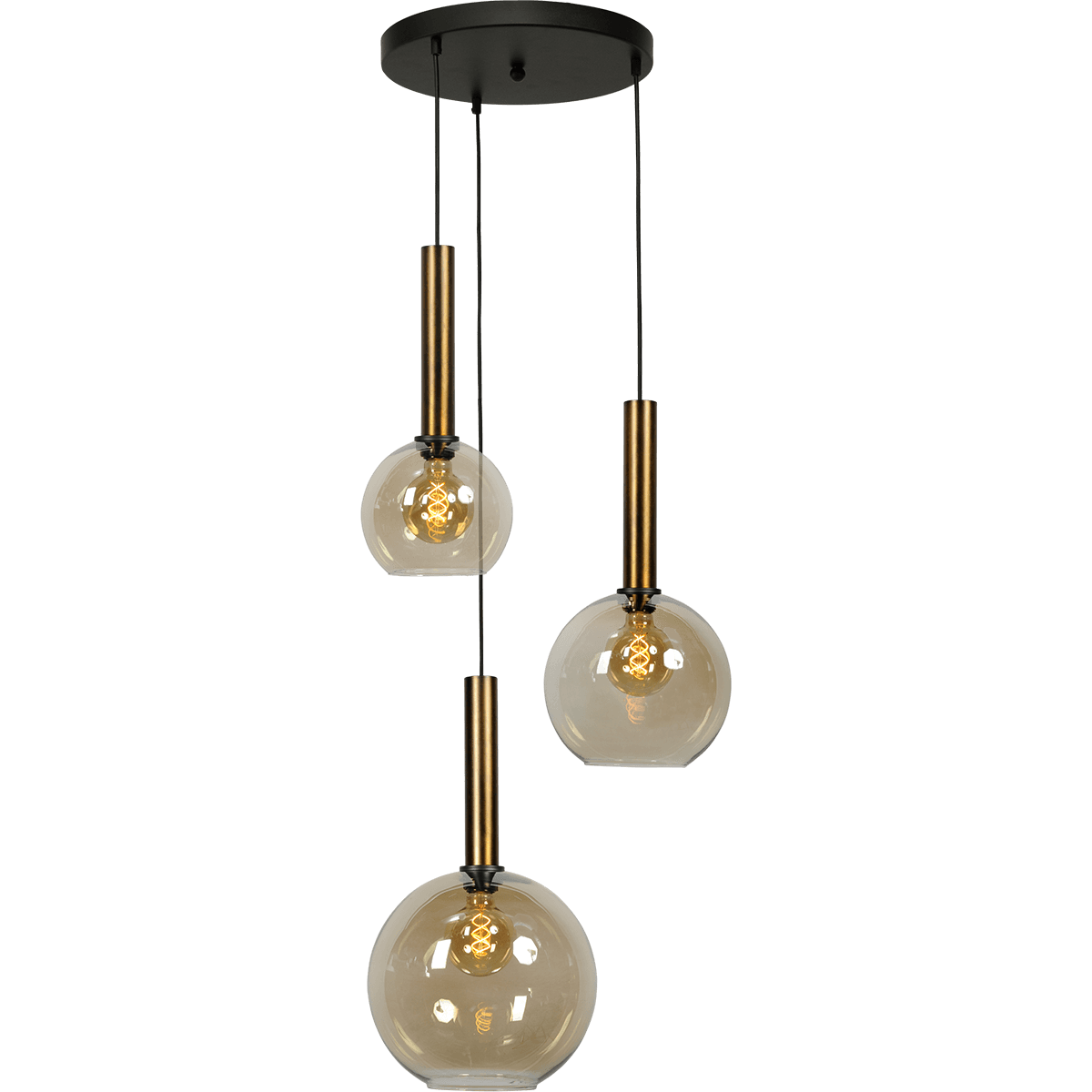 Hanglamp Bella -  3-lichts mat zwart/antiek brons Ø35cm - zwarte pvc kabel 150cm + glas 1x 62260-05-20-20 - 1x 62260-05-25 + 1x 62260-05-30 - MASTERLIGHT