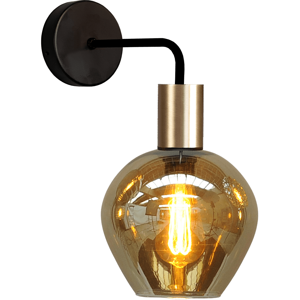 Wandlamp Bounty mat zwart/mat goud lengte  38cm downlight - depth 29 -5cm - glas smoke Ø19cm - MASTERLIGHT
