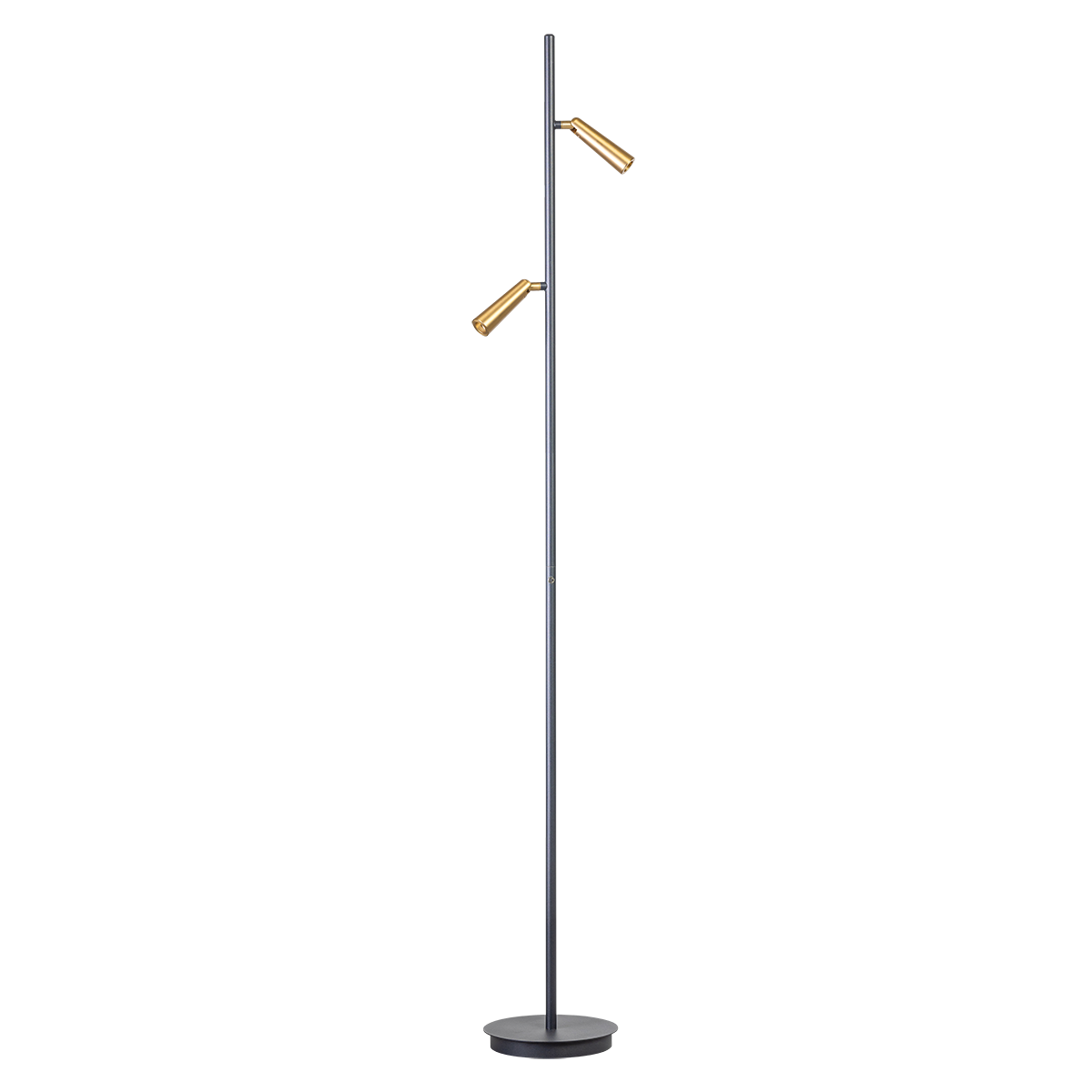 05-VL8381-3004. Moderne vloerlamp met twee spots zwart/goud. Geïntegreerd LED. Serie Barry - ETH. Deze spot vloerlamp is dimbaar met knop op kabel/snoer.  In de Barry serie van ETH bevinden zich ook plafondspots met 1