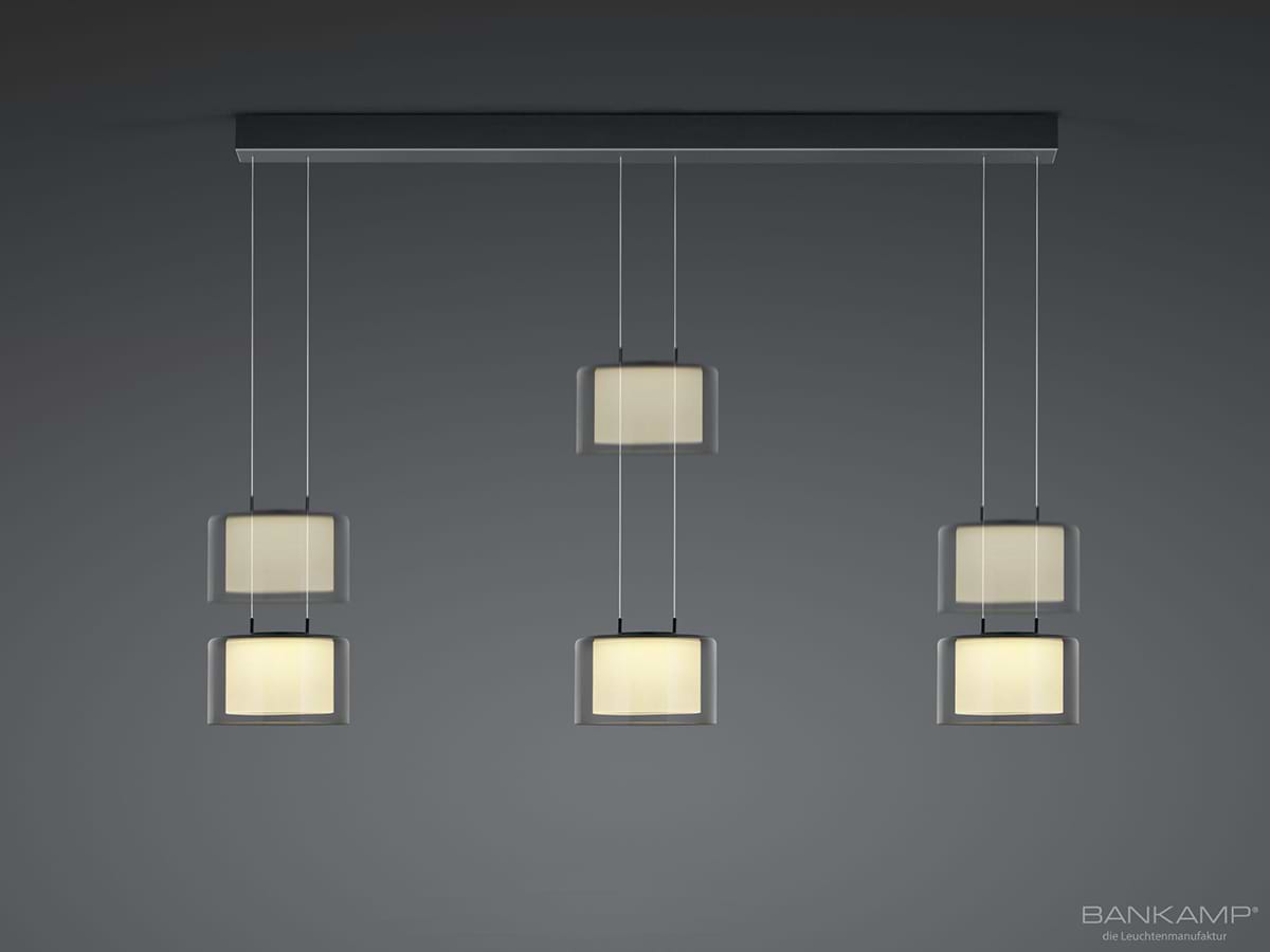 Hanglamp Grand Smoke, 3-lichts. hoogte 50 tot 180 cm (verstelbaar), LED ca. 66 W, dim to warm, vetical dim, BANKAMP. Een zeer exclusieve en geavanceerde hanglamp. Een high-end product van Bankamp.