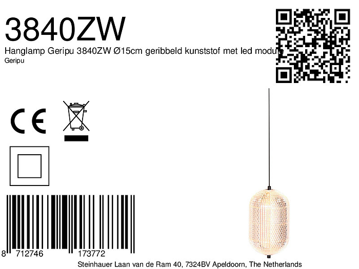 Specificaties 3840ZW Mexlite hanglamp. Maak kennis met de hanglamp Geripu 3840ZW met één lichtbron. Deze lamp heeft een kunststof behuizing van 15 cm in diameter en een geribbeld design. De ingebouwde 8 watt ledmodule biedt warm licht met een kleurtemperatuur van 2700 Kelvin en een lichtopbrengst van 700 lumen. De lamp is niet dimbaar. Door de unieke structuur van het kunststof ontstaat een bijzonder lichtspel, waardoor deze lamp een echte eyecatcher is in elk interieur