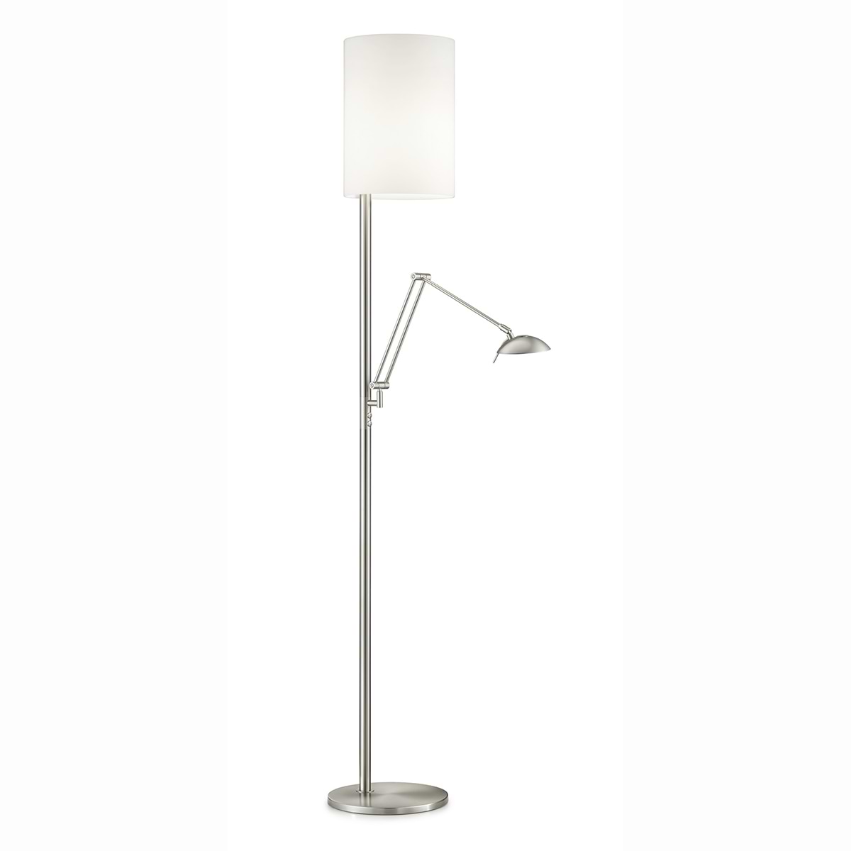 Vloerlamp, leeslamp. Serie: KIRA-L. Kleur: nikkel mat. Lampenkap Chintz wit, Artikelnummer 41.952.05-10. Of opaal glas, Artikelnummer 41.952.05-1. Duits fabricaat - KNAPSTEIN