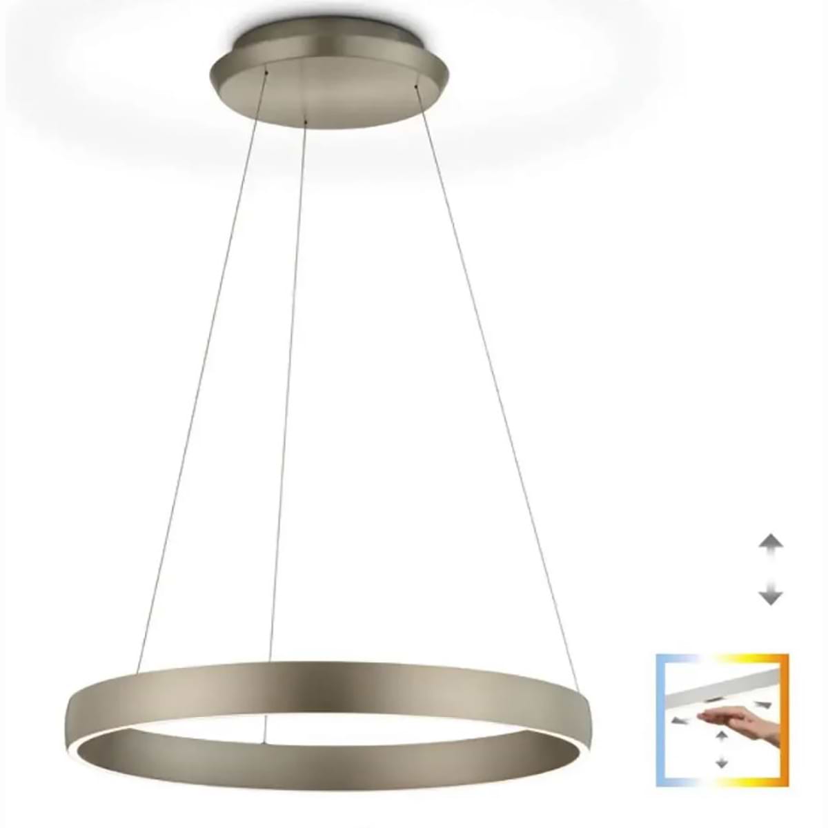 Moderne design hanglamp, 51.496.34, van de Duitse fabrikant Knapstein. Direct en indirecte verlichting. Boven en onder licht zijn apart van elkaar door twee gebaarbedieningen in- en uit te schakelen en te dimmen. De lichtkleur van het boven en van het onderlicht kan door twee gebaarbedieningen apart van elkaar ingesteld worden tussen 2.200 en 3.000 Kelvin. Geheugenfunctie. De lamp is traploos in hoogte verstelbaar, bereik 1000 mm. Geen zichtbare schroeven in de plafondplaat. Alle lampen van Knapstein zijn van zeer degelijke kwaliteit. Voor meer opties uit de serie: SARA-60, kunt u de zoekfunctie gebruiken op onze site. Dan ziet u welke andere opties er binnen de serie zijn. Kleur: brons. Aantal lichtpunten: 1. Lichtbron: inclusief. Breedte in mm: ø 600. Diameter in mm: 600.