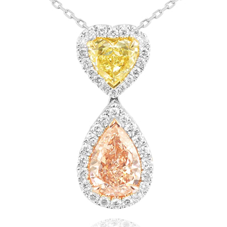 Halskette mit herzförmigem Diamant in Fancy-Gelb und birnenförmigem Diamant in FancyHell-Pink, 1,52 Karat