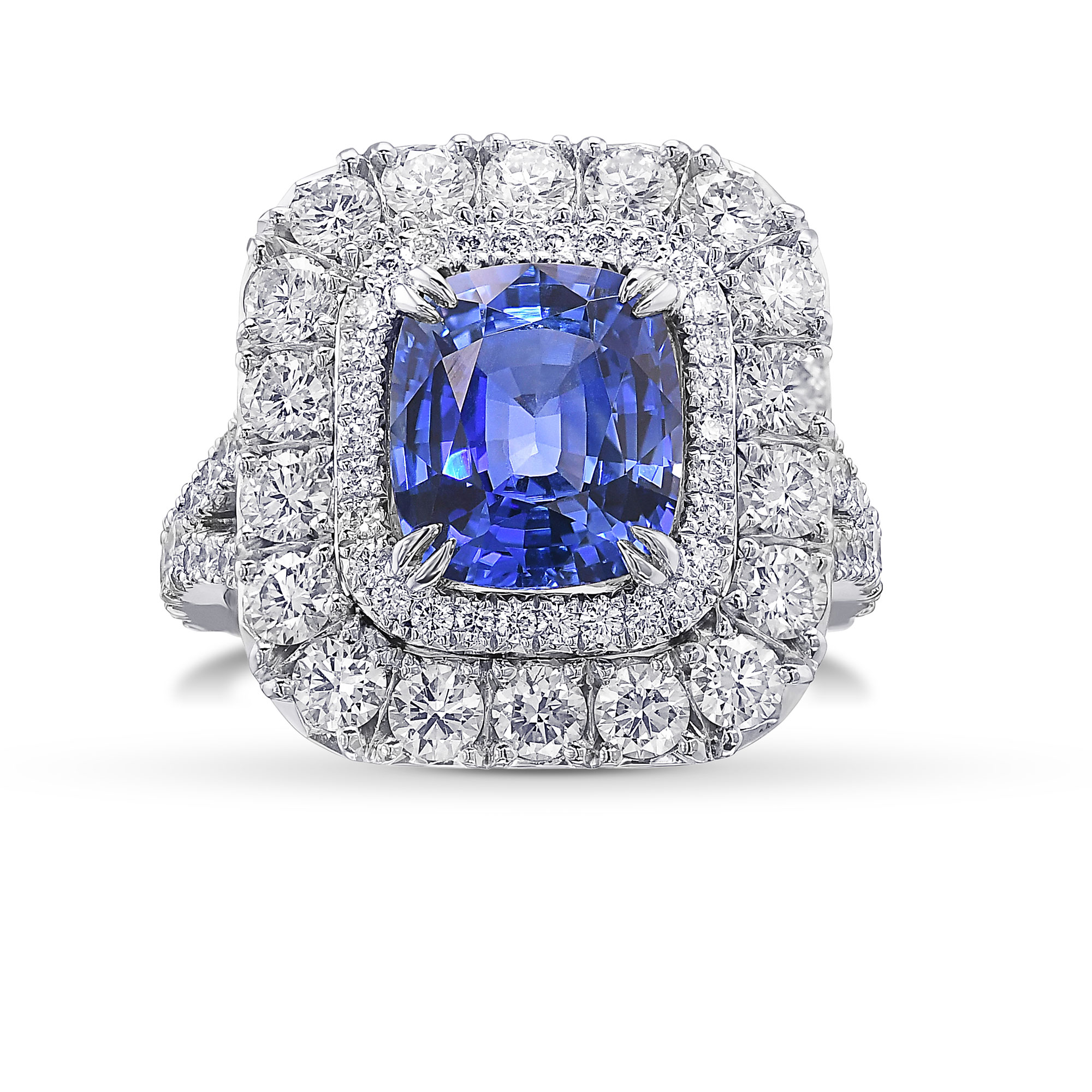 Cornflower Blue Sapphire Cushion and Diamond  Double Halo Ring, SKU 425324 (4.80Ct TW)