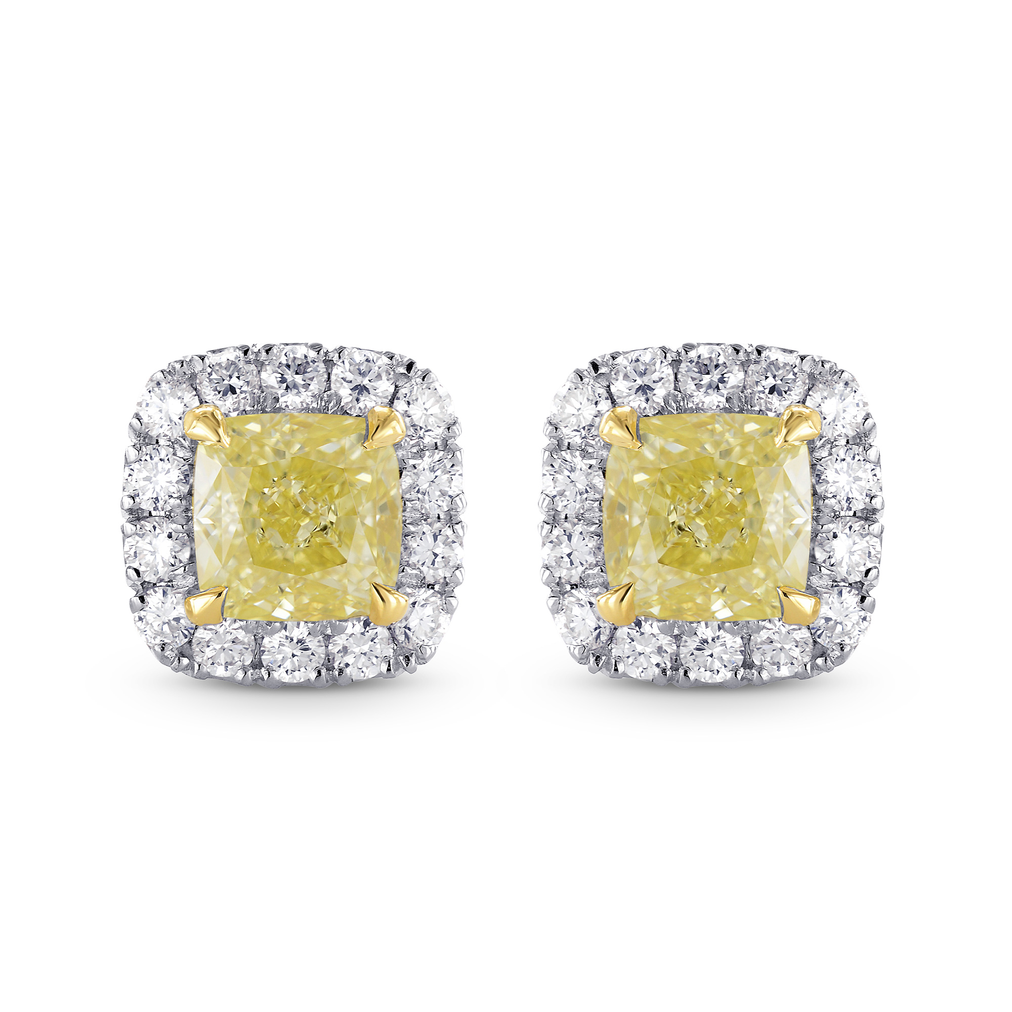  Fancy Yellow Cushion diamond Halo earrings, SKU 213587 (1.2Ct TW)